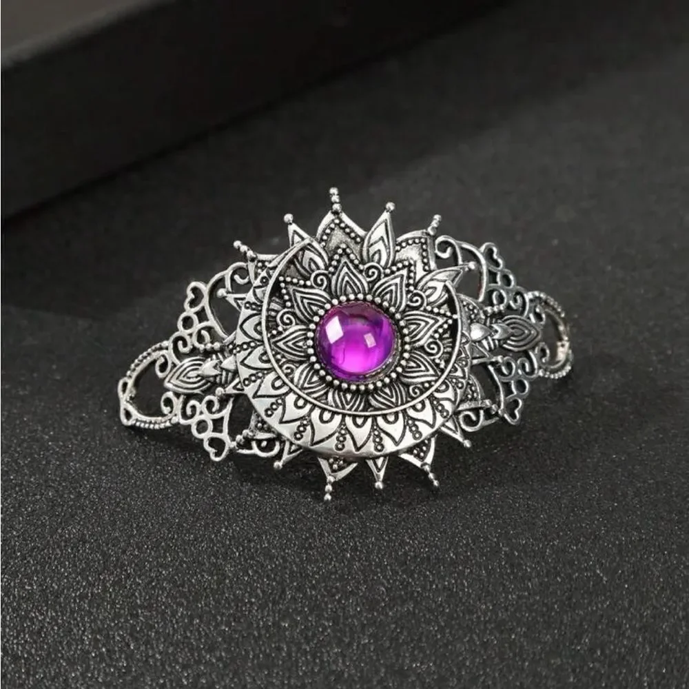 Bohemian Hair Accessory Silver Tone Purple Accent Stone, Engraved Details